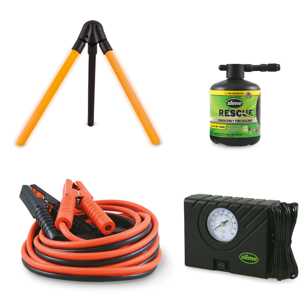 Slime 50154 Emergency Roadside Kit with Flat tire Repair and Booster Cables for Compact Cars, Standard Cars and Crossovers