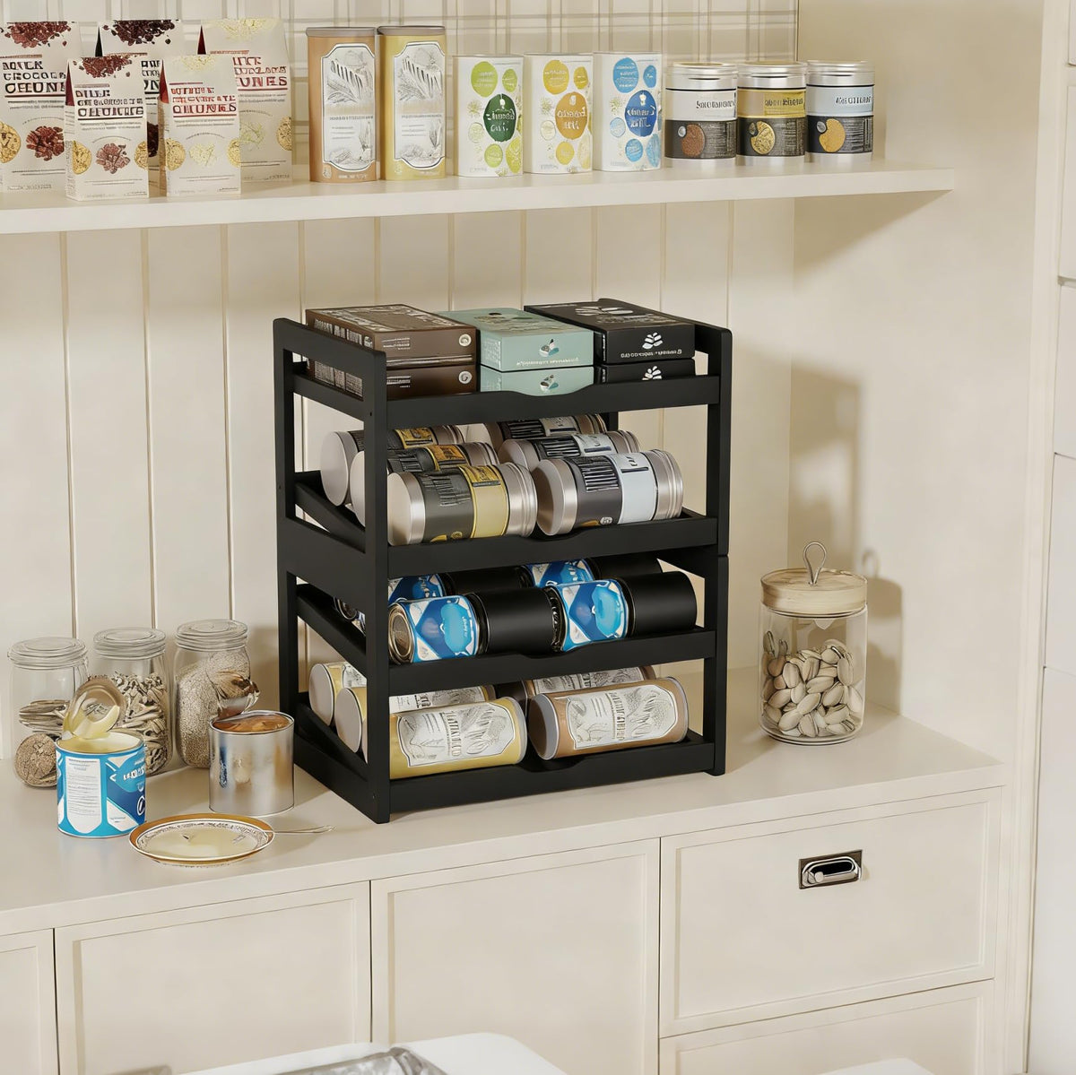 BAMBANG Can Organizer for Pantry, Detachable Bamboo 4 Tier Stackable Can Storage Rack, Rolling Soda Can Dispenser Can Holders for Cabinet, Holds Up to 48 Cans, Black