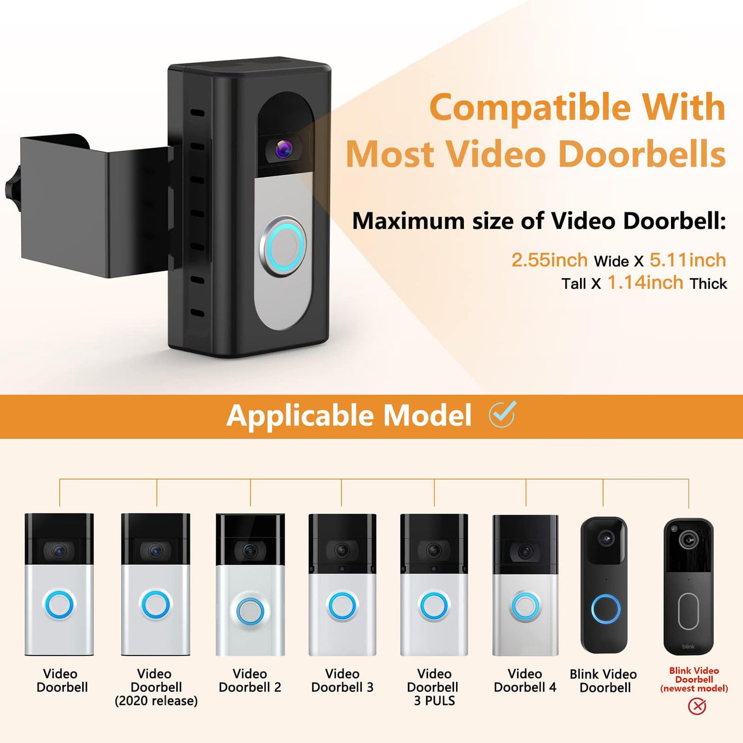 QIBOX Anti-Theft Video Doorbell Mount Compatible with Video Doorbell 4/3/3 Plus/2/1/(2020 Release), Adjustable No-Drill Mounting Bracket Wedge Adapter Holder Accessories for Home Rentals Office Room
