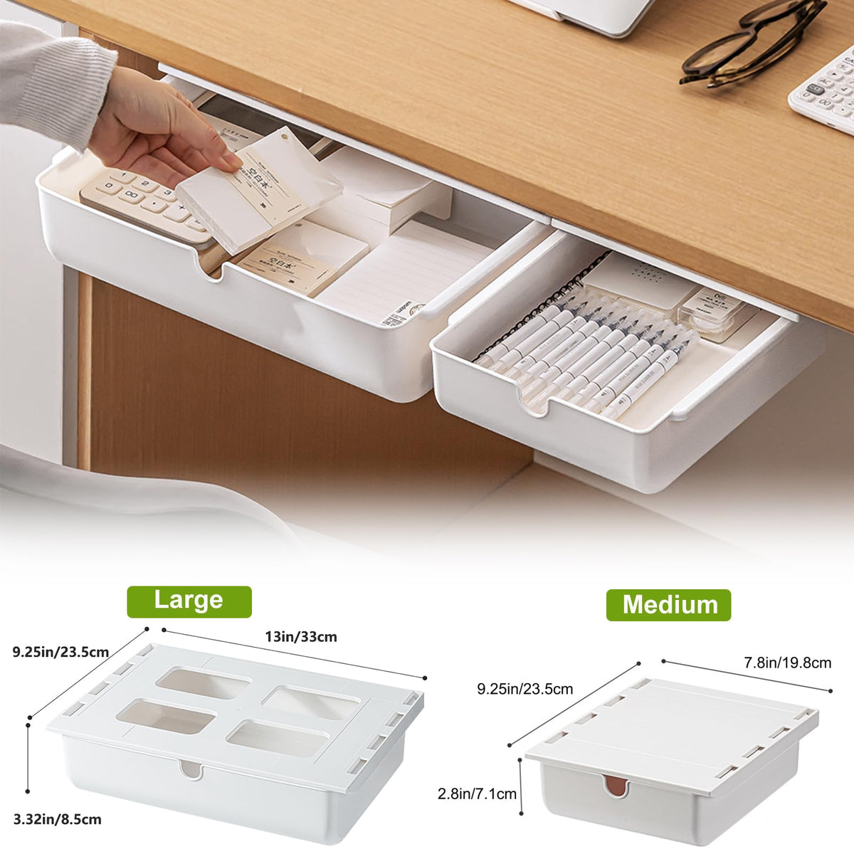PitorKiter Under Desk Drawer, 2 Pack Large and Medium Hidden Self-Adhesive Under Desk Organisers for Storage of Cutlery, Office Supplies, Stationery and Cosmetics (White-2)
