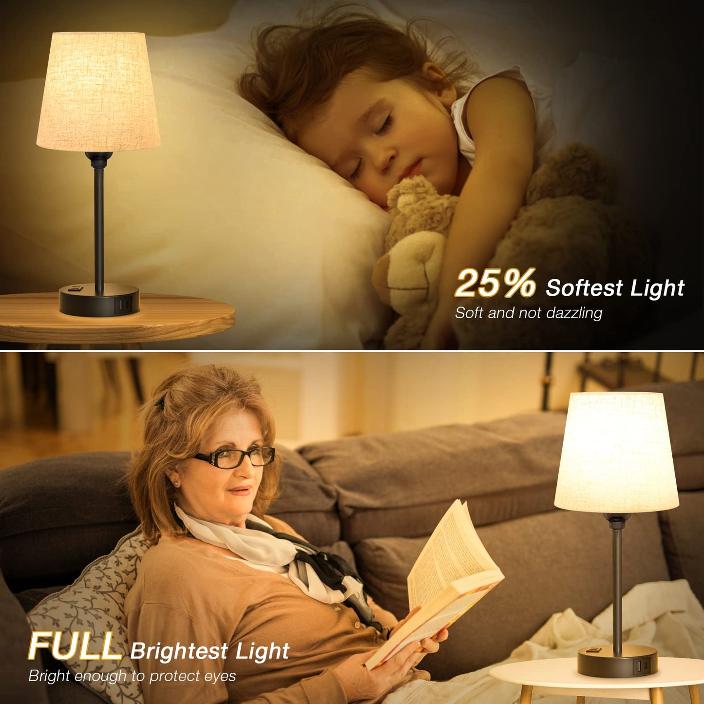 Mini Bedside Lamps for Bedrooms Set of 2 - Nightstand Bedroom Lamps with USB C Port and AC Outlet Charging, Dimmable Touch Small Bed Side Table Lamp, Black Night Stand Light for Kids/Guest Room