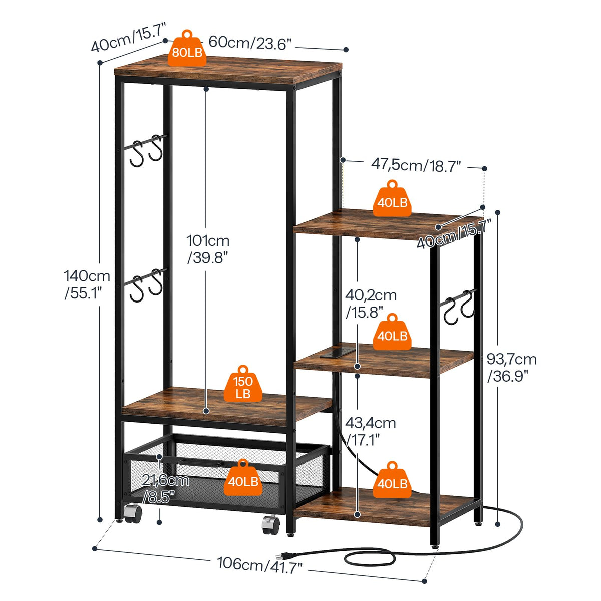 HOOBRO Bakers Rack with Mini Fridge Stand, Microwave Stand with Movable Basket, 3-Tiers Coffee Bar Station with Power Outlet, Kitchen Storage Shelf for Kitchen, Dorm, Rustic Brown and Black BF38UHB01