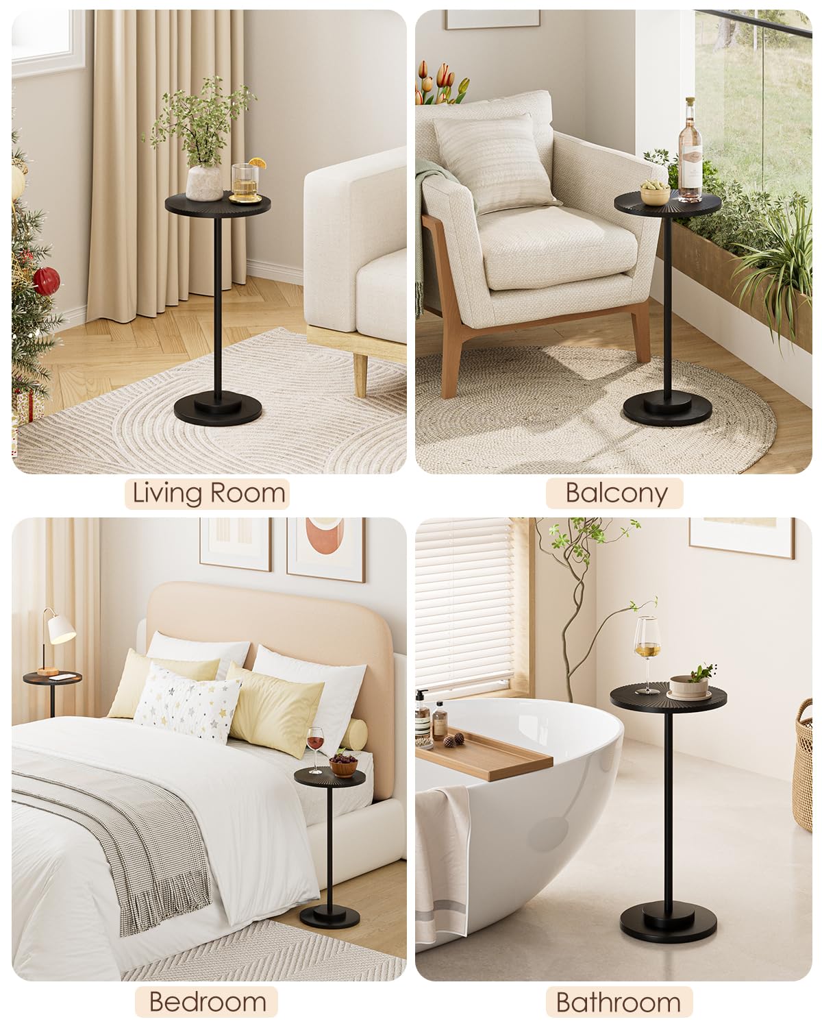 Round Side Table, Small Drink Table for Small Spaces, Modern Accent End Table with Metal Leg for Living Room, Bedroom, Corners, and Office (Black)