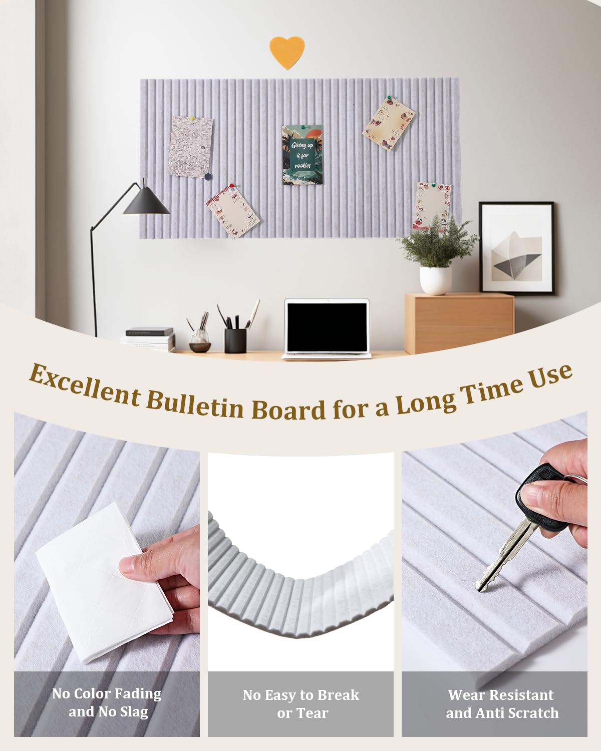 Rokeblau 24 x 16 inches Large Bulletin Board, Decorative Felt Pin Board, 0.35“ Thick Foldable Photo Display Board with Self-Adhesive Tape, Vision Board for School Home Kitchen Office Walls - Beige