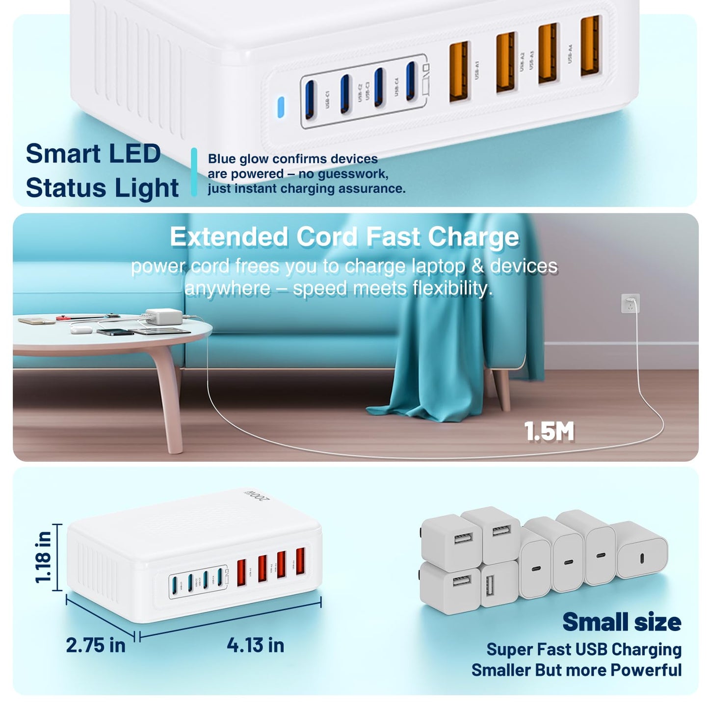 QZIIW 200W GaN III USB C Charging Station, 8-Port (4C+4A) Fast Charger Hub, Universal Wall Charger Block for iPhone 17/16/15/14 Pro Max, iPad, Samsung Galaxy Note, Pixel, Laptops & More