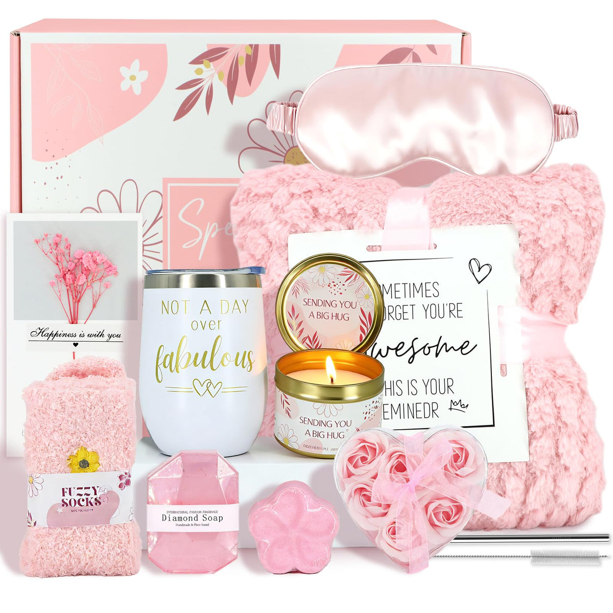 Birthday Gifts for Women, Self Care Get Well Soon Gifts Basket for Women, Flower Relaxing Spa Gift Basket Bath Set,Unique Luxury Self Care Box Gift for Mom Her Wife Sister Girlfriend, Girl Friend Pink