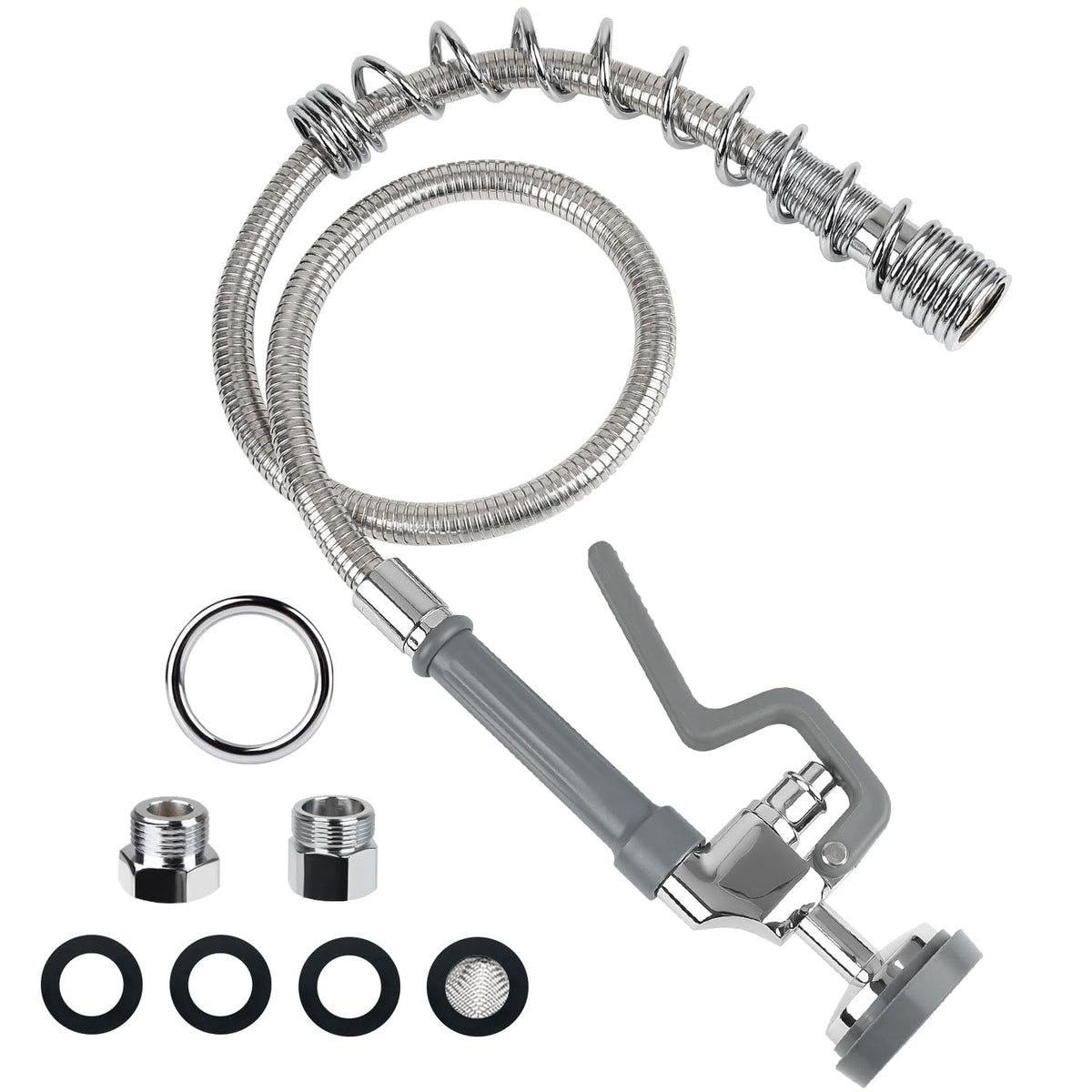 Spray Valve with 44inch Flexible Hose & Pre Rinse Spring Replacement Kit for Commercial Kitchen Sink Faucet 1.42GPM High-Pressure Restaurant Dish Sprayer Stainless Steel Hose & Overhead Spring (Grey)