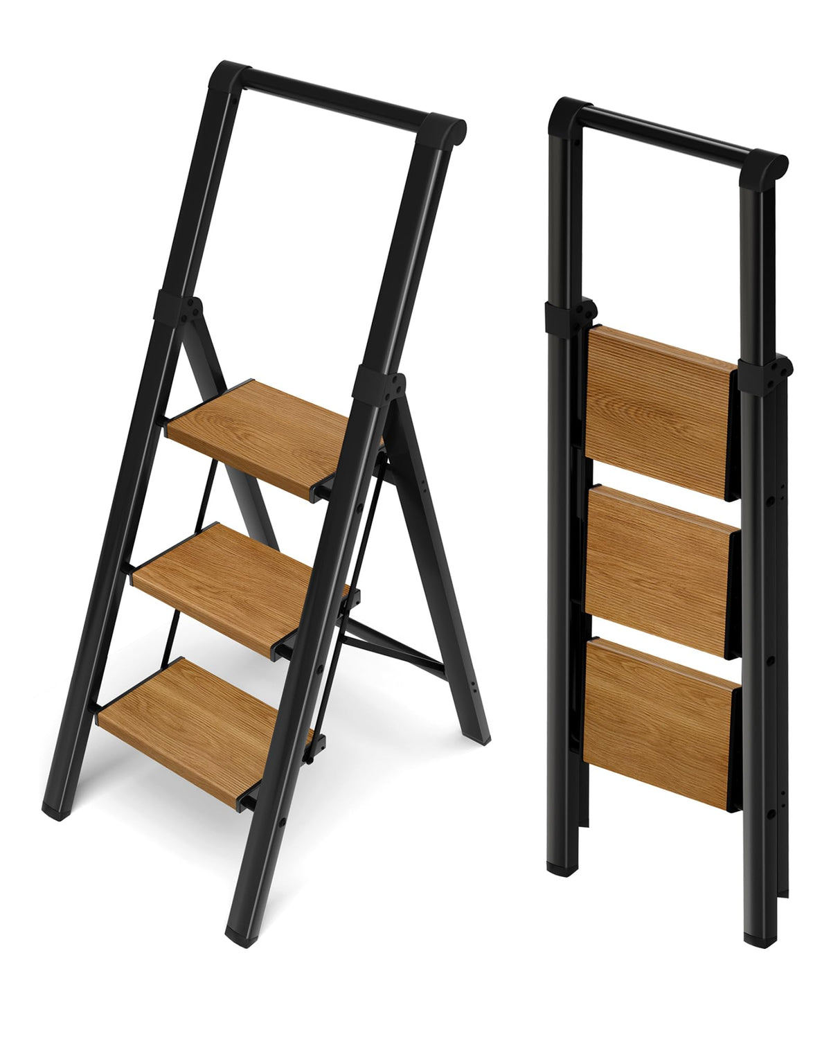 BEFITMACE 3 Step Ladder,Folding Step Stool with Aluminum Wide Pedal& Convenient Handgrip,330lbs Capacity Steel Ladder for Household and Office(Black &Woodgrain)
