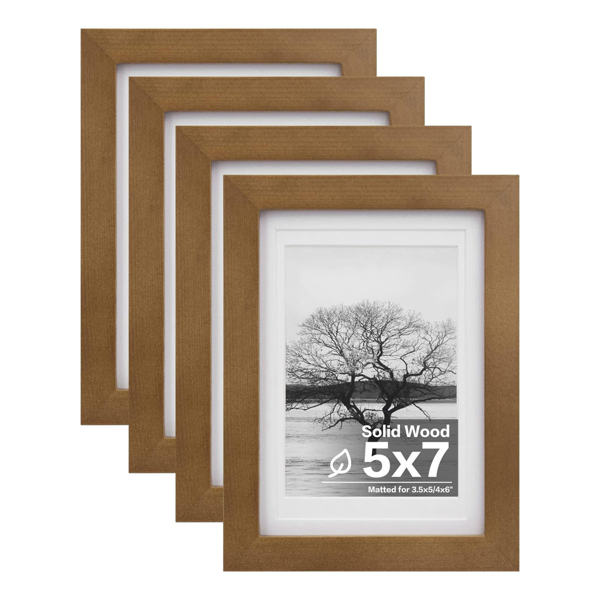 Egofine 5x7 Picture Frames 4 Pack Made of Solid Wood Covered by Plexiglass Matted for 4x6 or 3.5x5 for Table Top Display and Wall Mounting Photo Frame, Light Brown