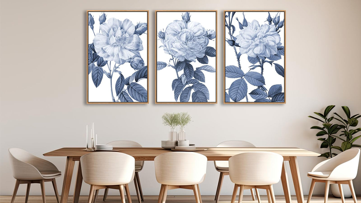 Large Framed Canvas Wall Art - Natural Float Framed Blue Gray Flowers Pictures Decor Rustic Blossom Leaves Botanical Artwork for Living Room Bedroom Kitchen Home Office Decoration 60" X 28" Set of 3