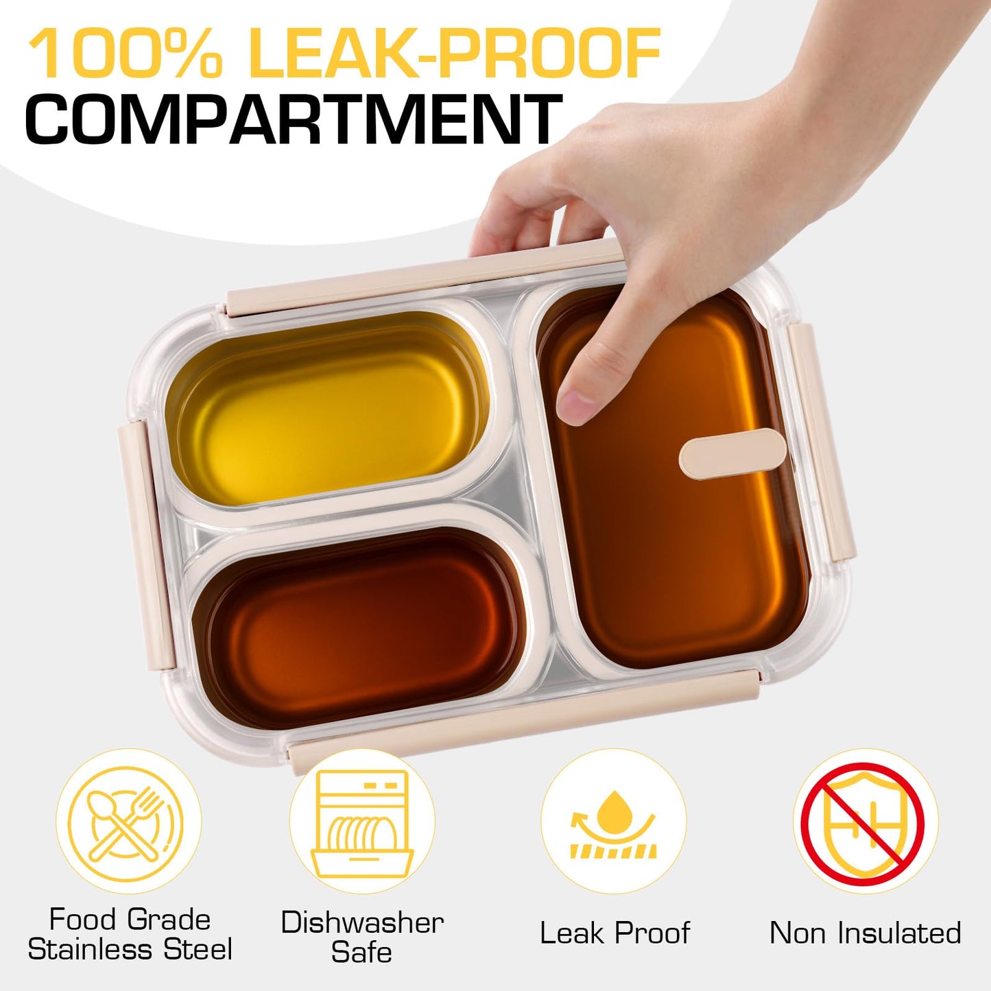 AOEDEO Stainless Steel Lunch Box, 3 Compartments Metal Bento Box for Kids, 25oz Lunch Container with Leakproof Lid, Divided Meal Prep Box for Adults, Kids - Ideal for Office, School, Healthy Eating