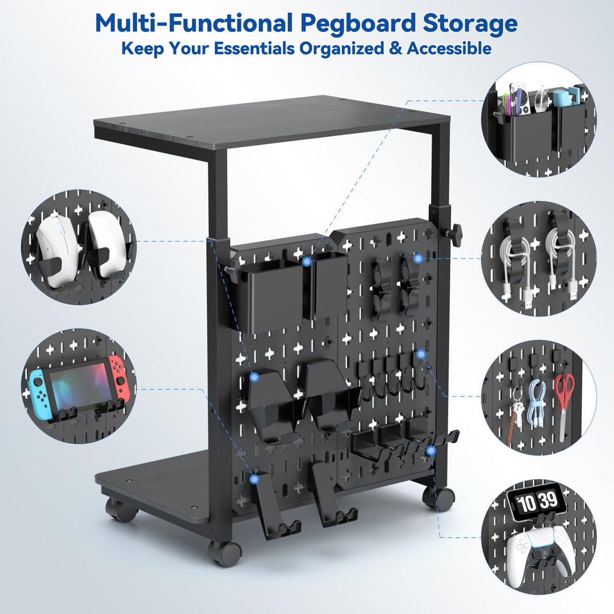 Computer Tower Stand with Pegboard Organizer, Height Adjustable 2-Tier PC Tower Shelf for Floor with Accessories, CPU Holder Cart with Locking Wheels for Most PC Gaming Home Office, 24.2-29.5"