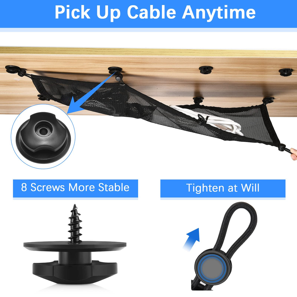 Cable Management Net Under Desk Kit,Privacy Mesh Cable Manager Flexible Under Desk Wire Net Large Capacity Cord Organizer Net for Office,Standing Desk, Home, 26 X 10 Inches