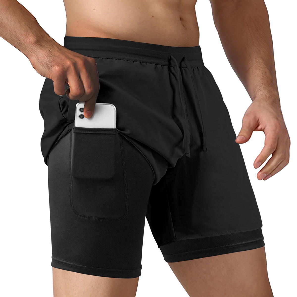 NIMOJIRO Men's 2 in 1 Running Shorts Workout Athletic Shorts Outdoor Sports with Liner Lightweight Training Yoga Gym Shorts with Phone Pockets Black L