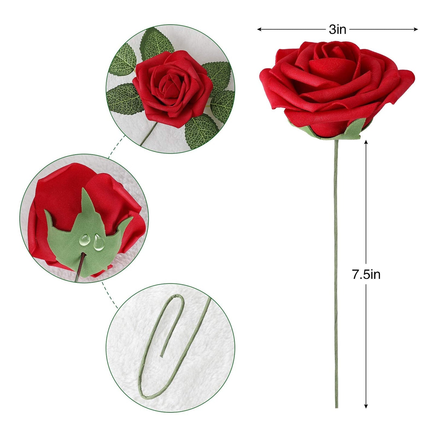 AmyHomie Artificial Flowers Dark Red Rose 50pcs Real Looking Fake Roses w/Stem for DIY Wedding Bouquets Centerpieces Arrangements Party Baby Shower Valentines Day Christmas Tree Decorations