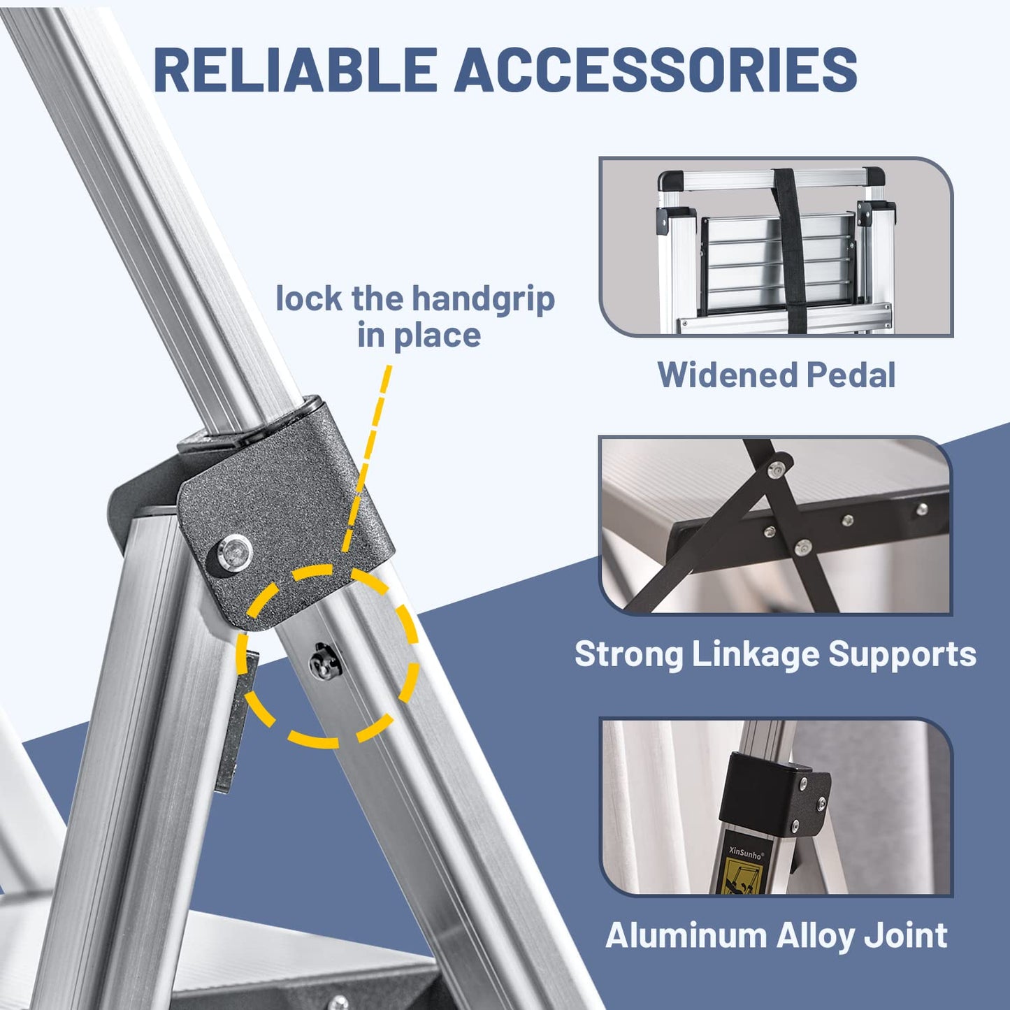 XinSunho 5 Step Ladder, Retractable Handgrip Folding Step Stool with Anti-Slip Wide Pedal, Aluminum Stool Ladders 5 Steps, 330lbs Safety Household Ladder