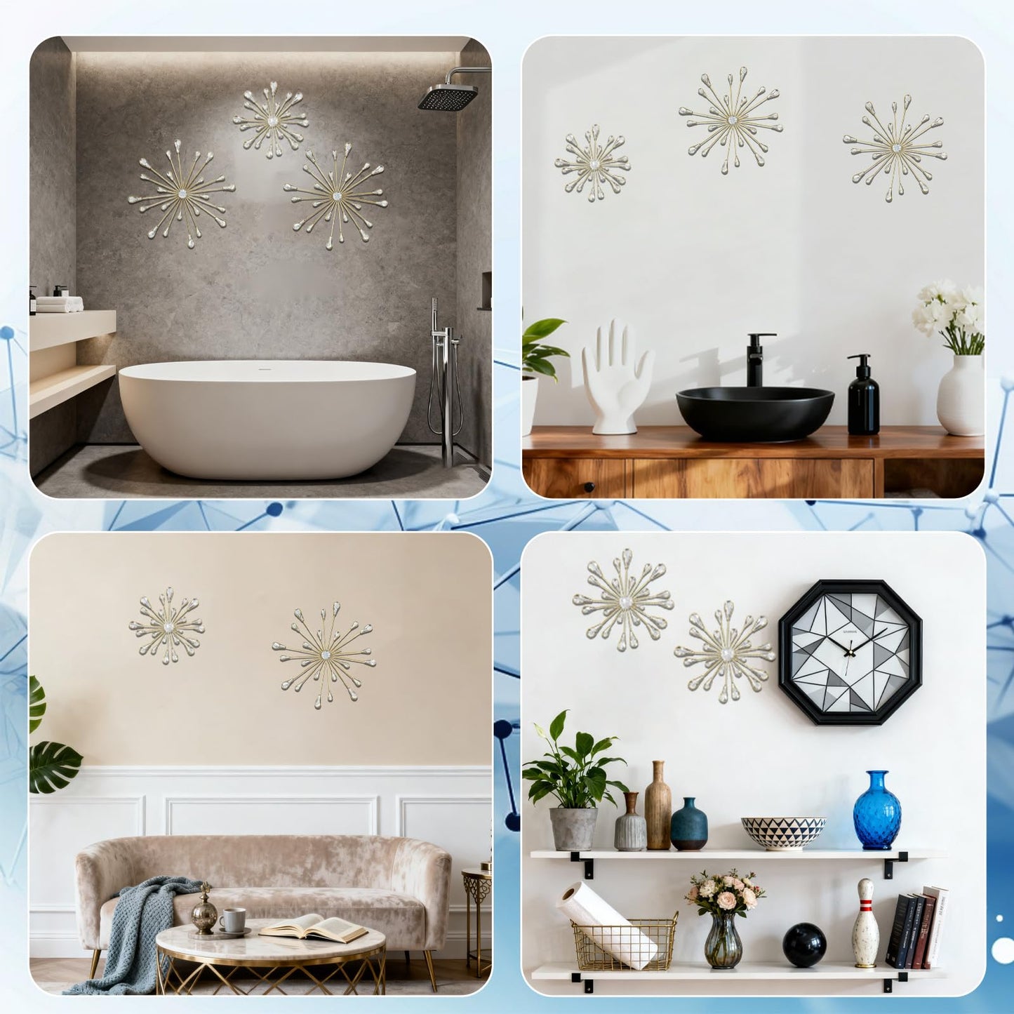 PEDOBALI 5 Pcs Starburst Wall Decor Radial Metal Artwork Gold Bling Wall Art Crystal Teardrop Modern Accent Sculptures Decorations 3D Hanging Rhinestone for Office Home Living Room Bedroom