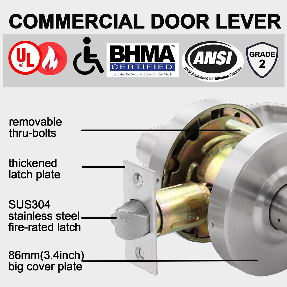 HISAFE Keyed Entry Grade 2 Commercial Door Locks Heavy Duty Office Door Lever, Non-Handed, UL 3 Hour Fire Rated, ADA Compliant, Satin Chrome Finish 26D, 2-3/4''Backset X-XG-ET-70