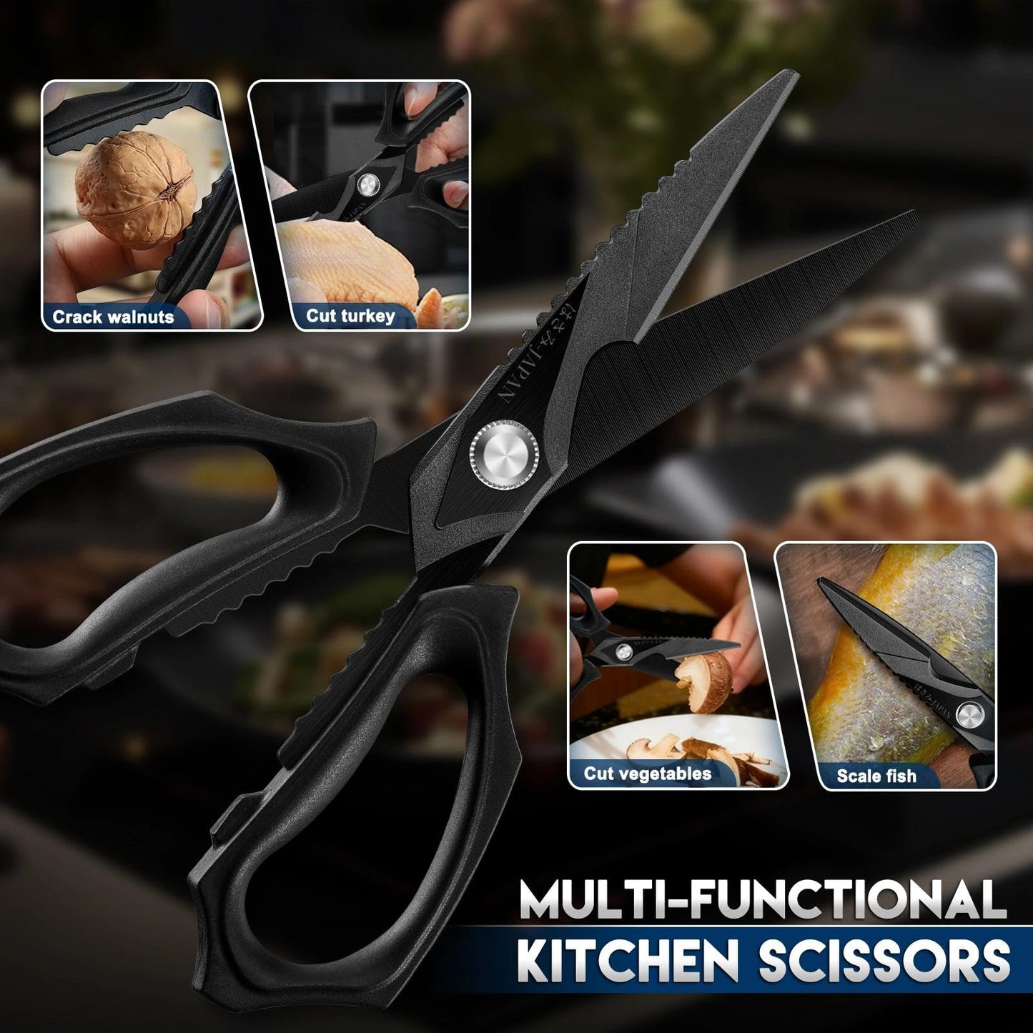 Purple Dragon Kitchen Scissors for Food - Stainless Steel Cooking Scissors All Purpose - Kitchen Shear Heavy Duty for Meat Cutting - Dishwasher Safe - Gifts for Mom - Black Sharp Blade