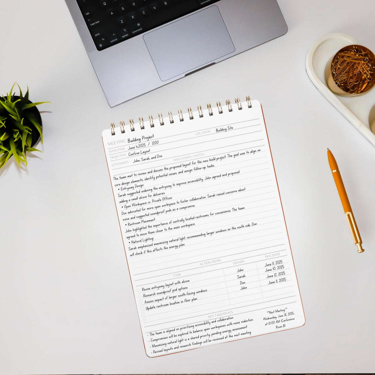 Merely Home | Meeting Notebook for Work | 8.25" x 11.75" | Project Planner | Simple Design | Multiple Layouts | Office and Business Planner (Pink, Meeting Planner - Portrait)