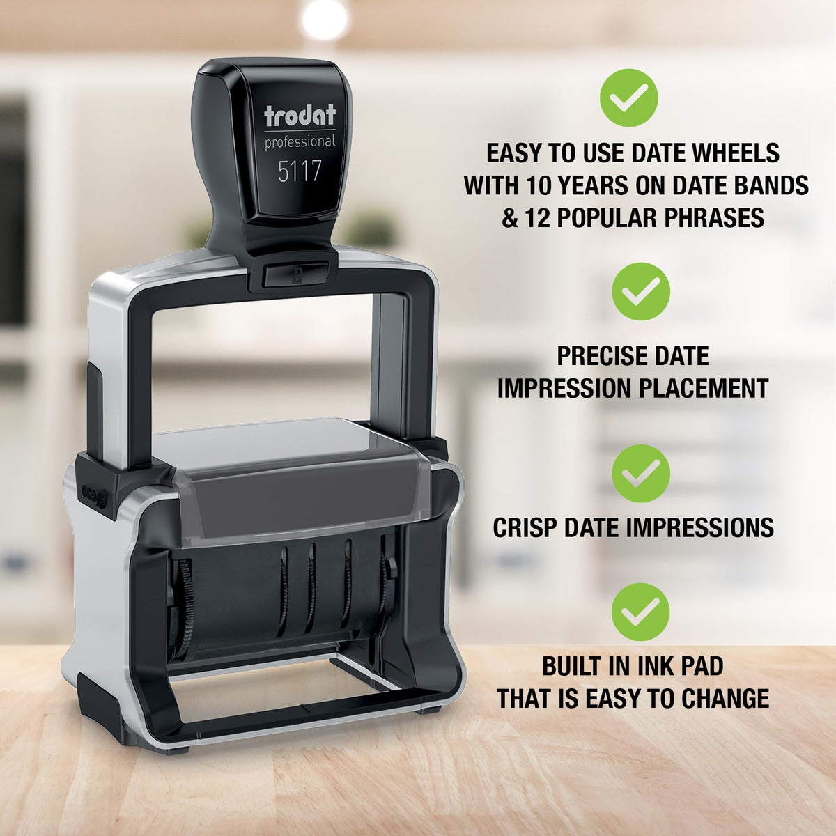 Trodat Professional 5117 12-Message Stamp, Dater, Self Inking, 2-1/4" x 3/8", Black