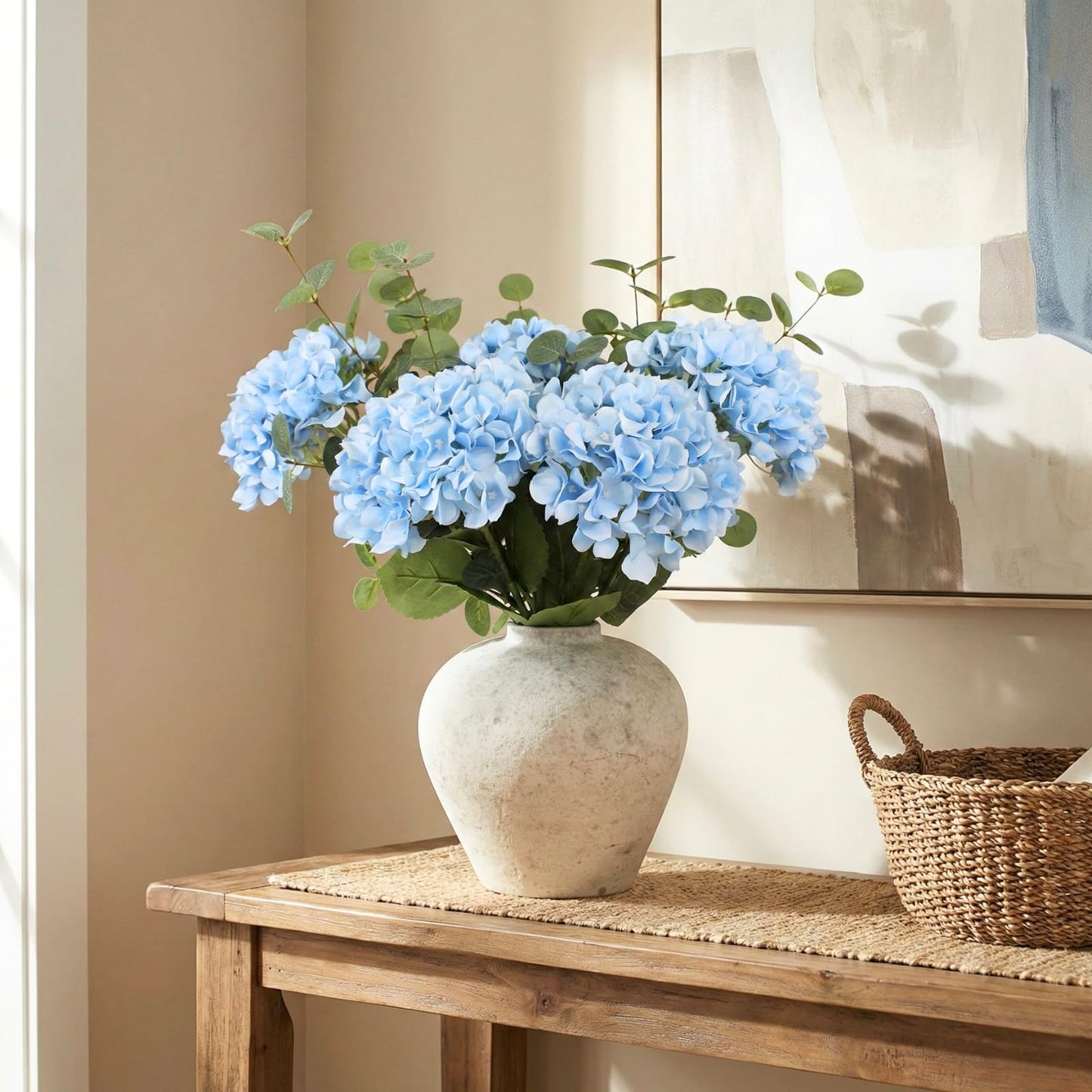 Blue Hydrangea Artificial Flowers Arrangement, 5 Real Touch Hydrangea Stems & 3 Faux Eucalyptus, Artificial Flowers for Table Centerpiece, Dining Room Living Room Decor, Spring Home Decor