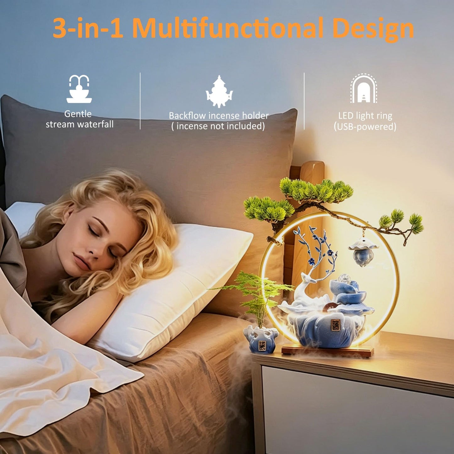 CIFUPUQU Tabletop Water Fountain, 17.3”Tall Deer Statue Waterfall Fountain with Incense Holder, LED Light & Adjustable Pump, Zen Relaxation Desk Fountains for Office,Living Room or Bedroom