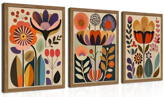 Framed Colorful Floral Wall Art Set of 3, Abstract Scandinavian Flower Canvas Wall Decor Paintings, Mid Century Modern Botanical Artwork Pictures Prints for Living Room Bedroom Dining Room 16x24 Inch