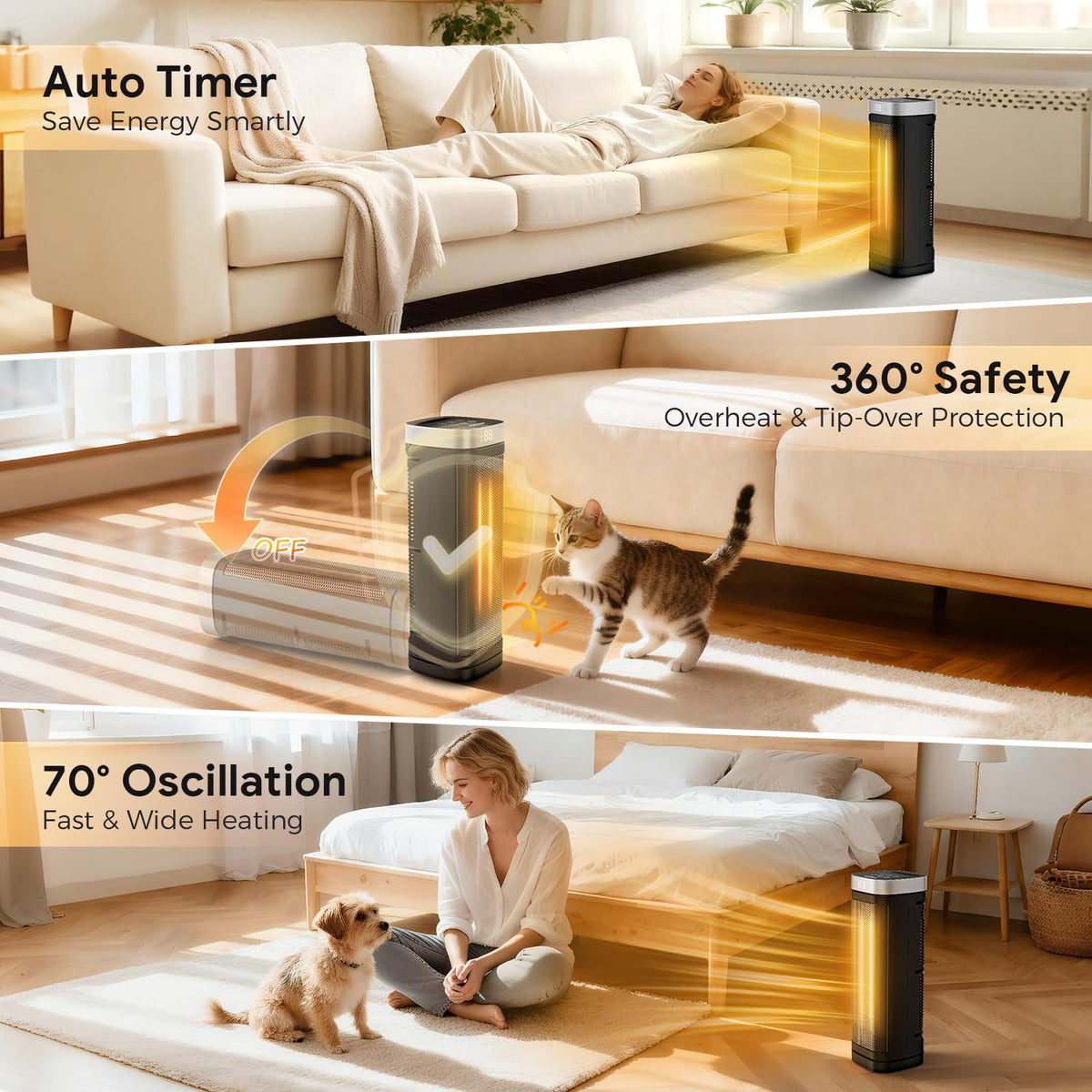 17 Inches Space Heater, 1500W Electric Heaters for Indoor Use with Thermostat, 70° Oscillation, 5 Modes, Remote, 12H Timer, Quiet Portable Heater for Office, Bedroom, Large Room