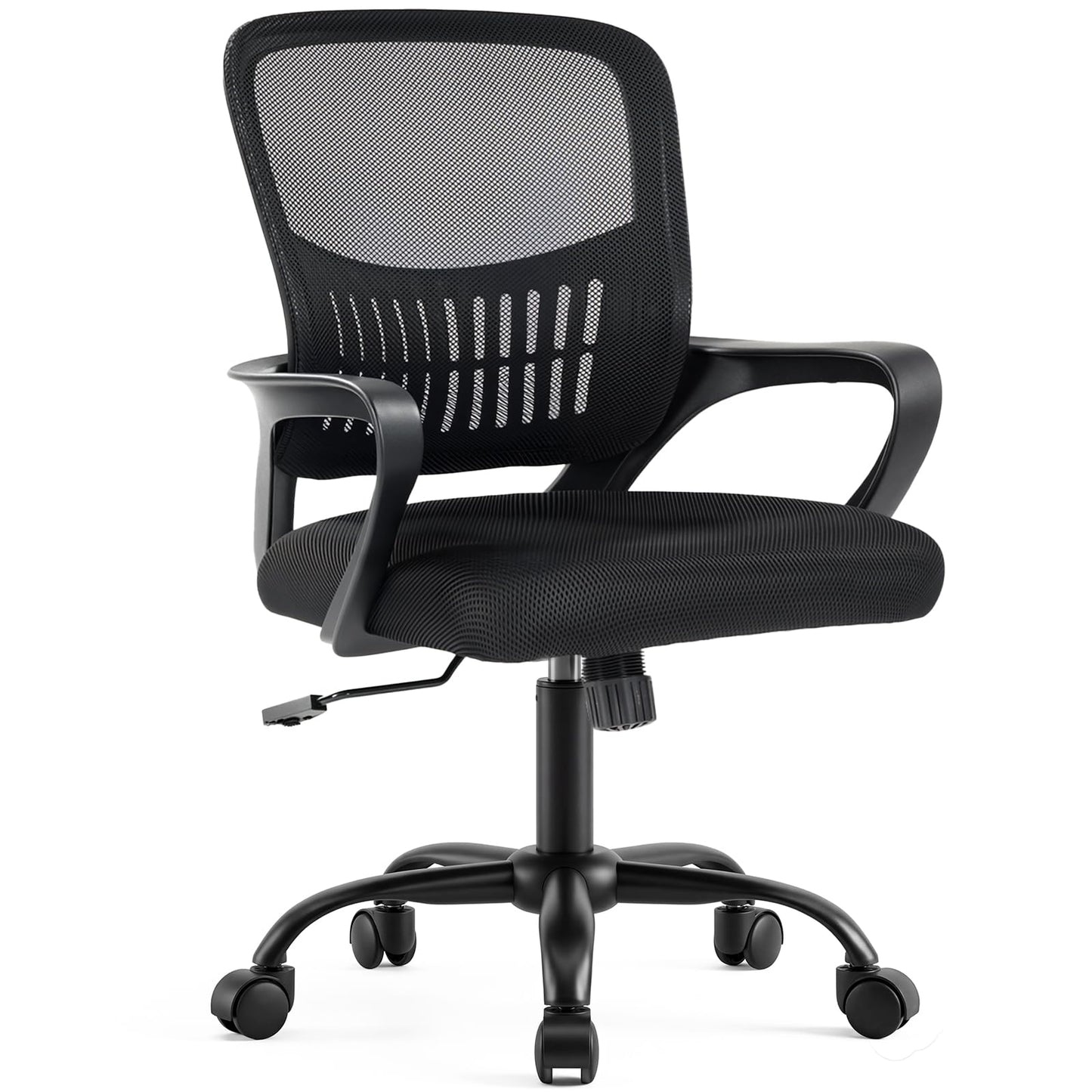 DUMOS Home Office Desk Chair - Ergonomic Mid Back with Lumbar Support & Rocking Mode, Height Adjustable with Fixed Armrest, for Conference, Computer, Meeting Room, 360° Swivel, Adults, Black