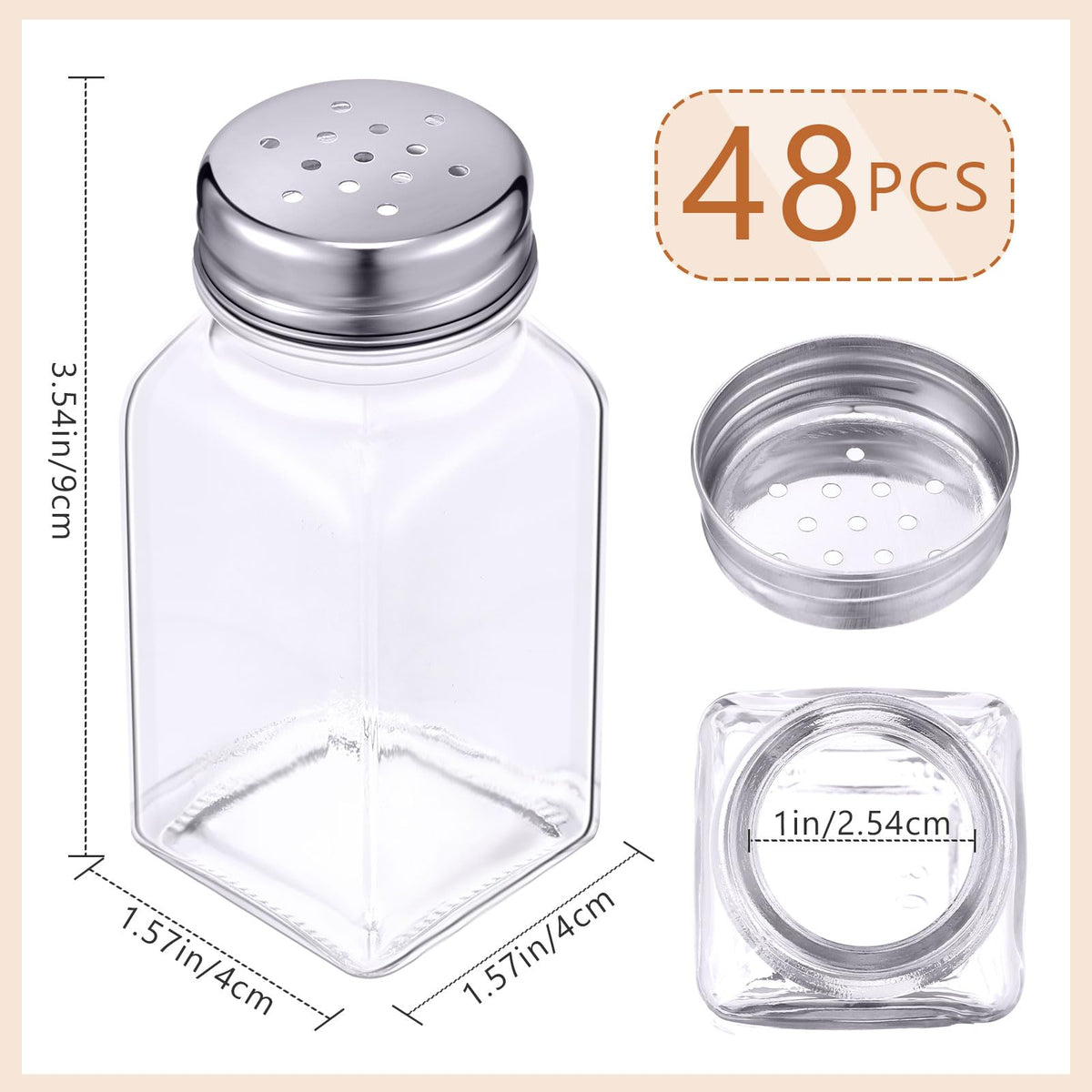 Bokon 48 Pack Glass Salt Shaker Bulk with Stainless Lids Tops 2.7oz Small Spice Shaker for Kitchen Restaurants and Catering Wedding Party Supplies (Classic)