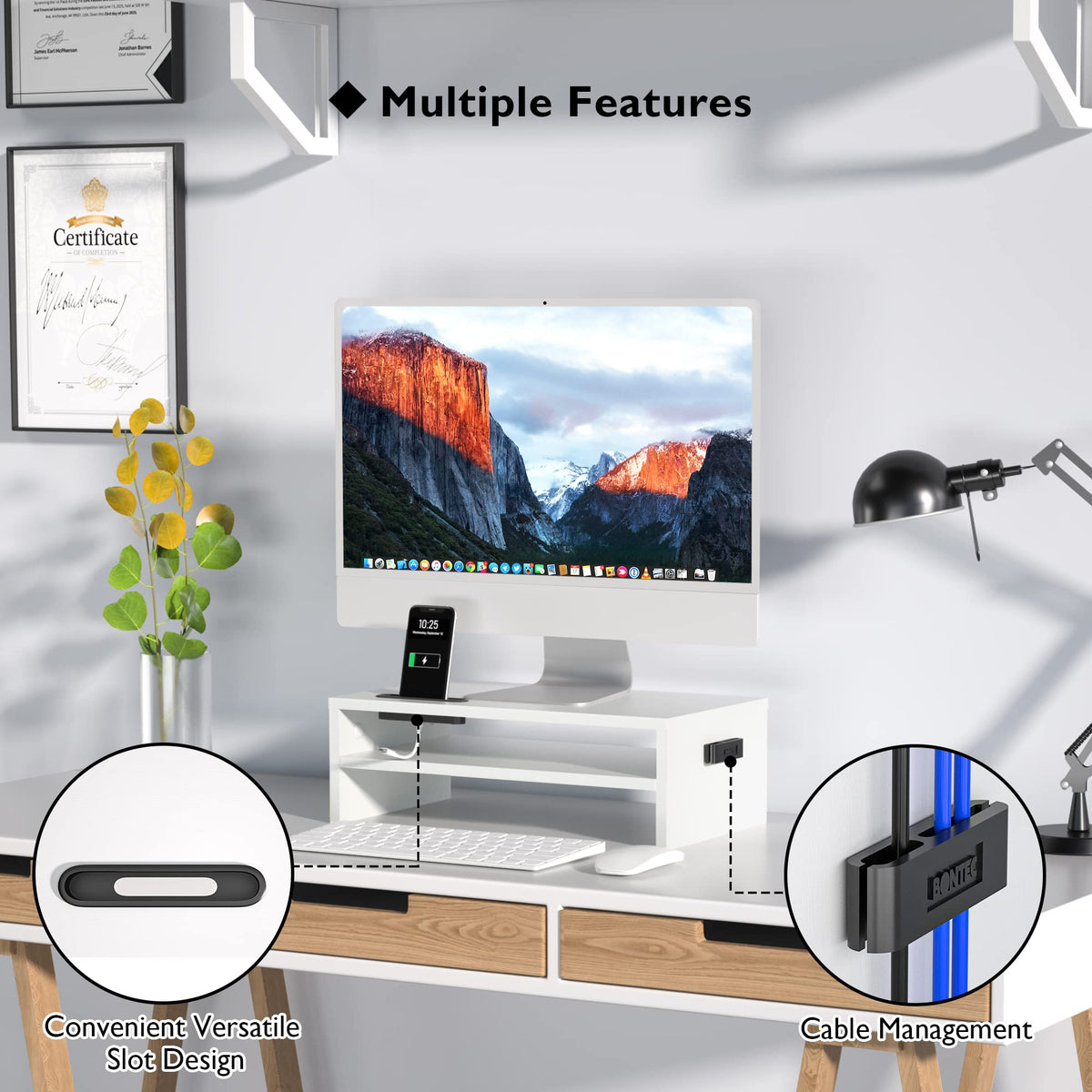 BONTEC Wooden Monitor Stand Riser, 2-Tier Desk Shelf with Storage Organizer, Ergonomic Computer Stand with Cable Management, Cellphone Holder, White, 16.5 Inch