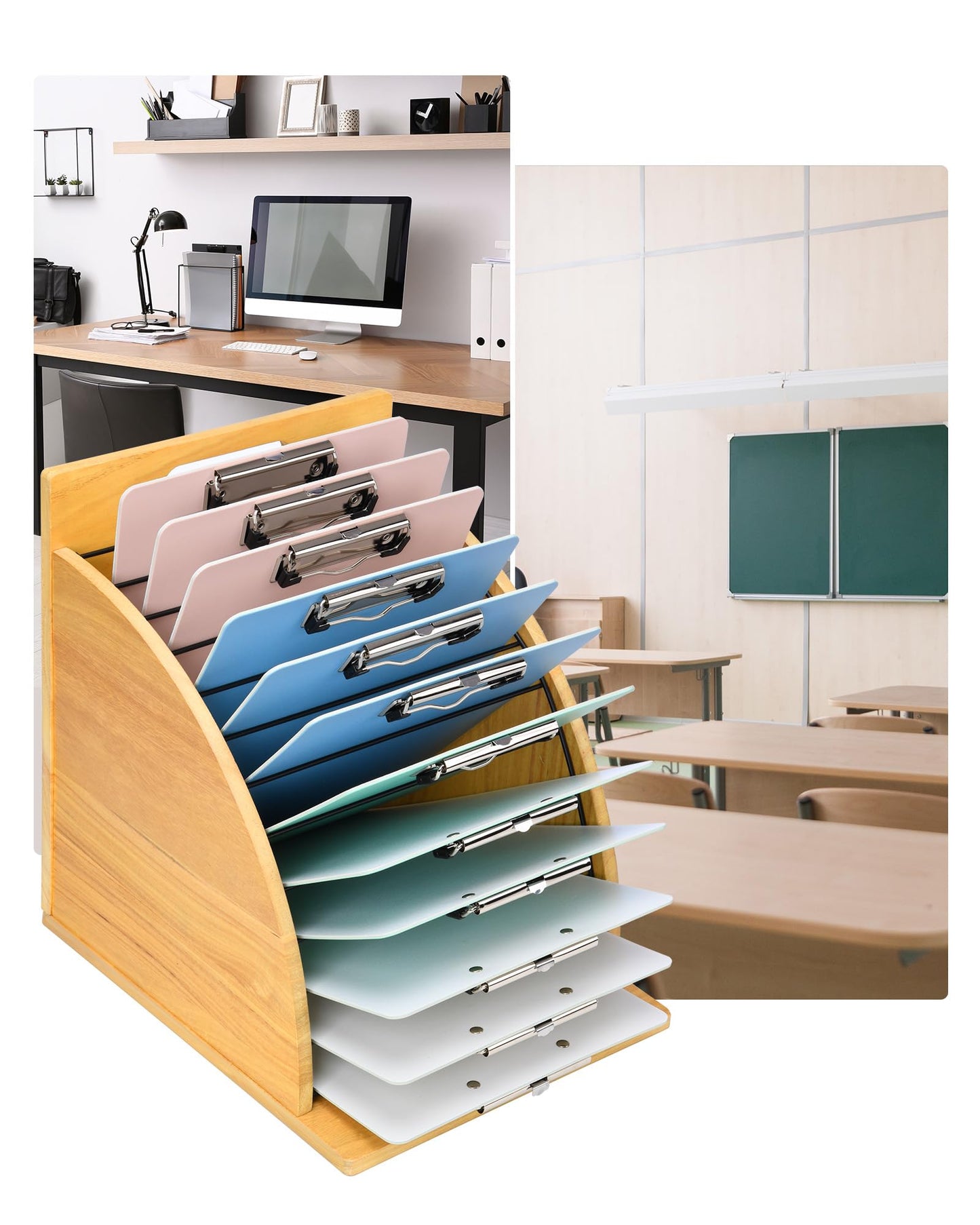 HULISEN Clipboard Holder, Wooden Clipboard Organizer with Raised Side Panel, Clip Board Storage Rack for Classroom and Office, Clip Boards not Included