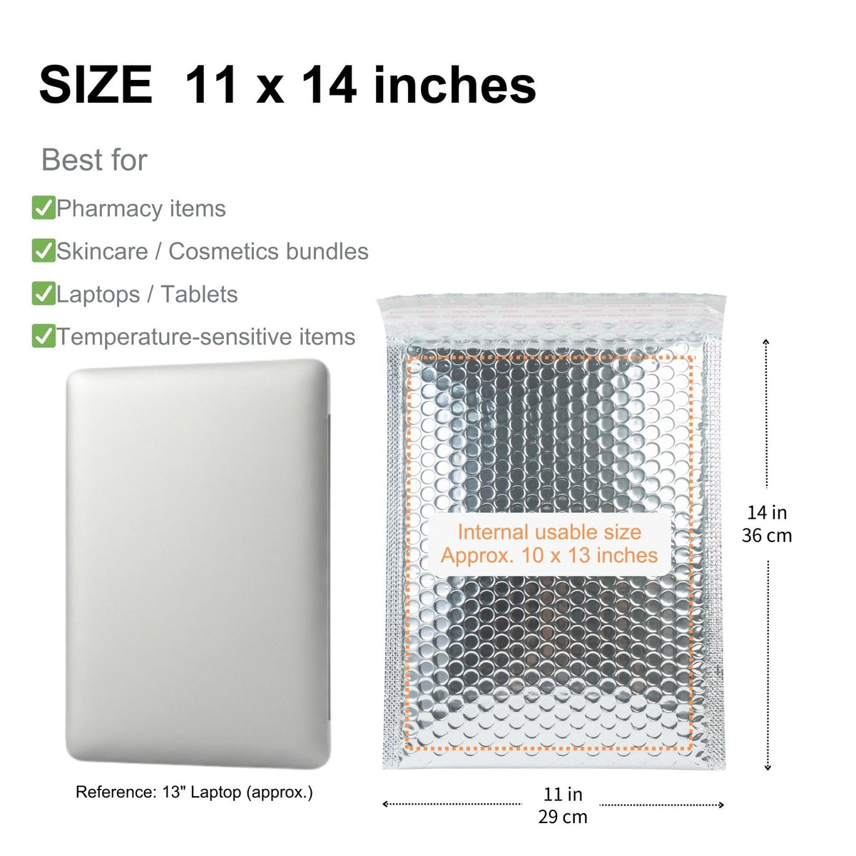 50 Pack 11x14 Inch Thermal Insulated Bubble Mailers for Cold Shipping, Metallic Silver Foil Padded Envelopes, Self-Seal Water-Resistant Cushioned Shipping Bags