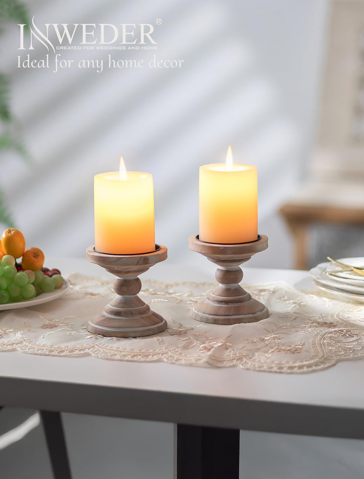 Inweder Wood Pillar Candle Holder: 2Pcs Rustic White Candle Holders for Pillar Candles Wood Candle Holders Distressed Wooden Farmhouse Candle Holder Large Rustic Candle Holder for Fireplace Table