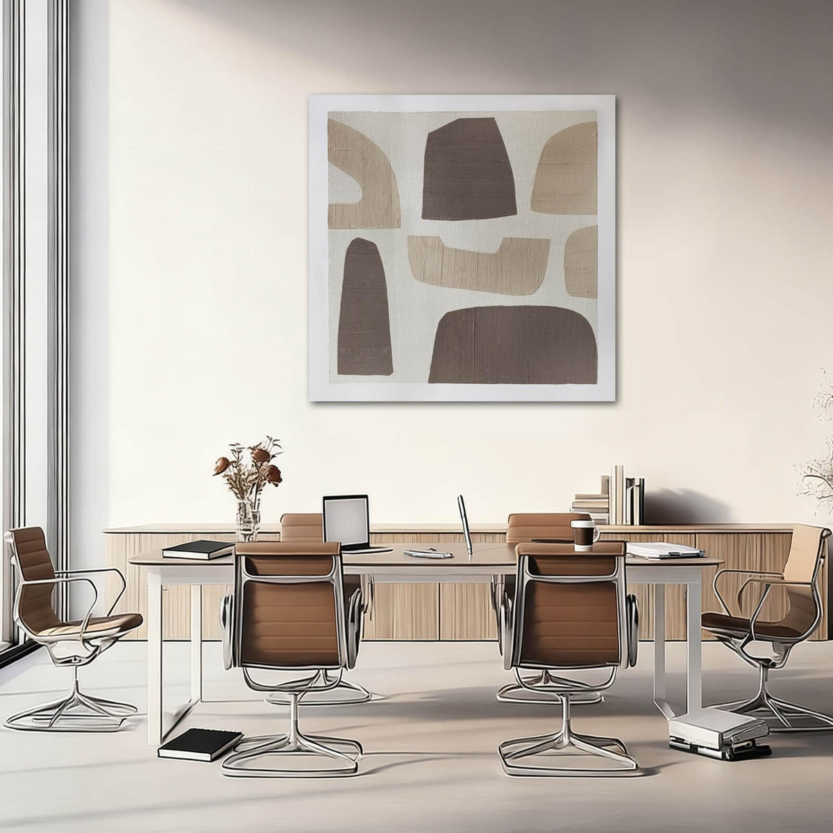 Neutral Geometric Abstract Wall Art, Hand-Painted Oil Painting on Canvas, Framed, Textured Wall Decor, Ready to Hang, Modern Minimalist Decor for Living Room, Office, 40x40 Inch