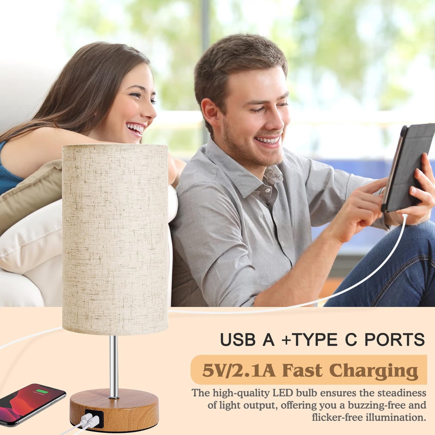 UNIFUN Touch Control Bedside Table Lamp with USB-C Charging Ports, 4-Way Dimmable Nightstand Lamp with Wood Base & Fabric Shade for Bedroom Living Room