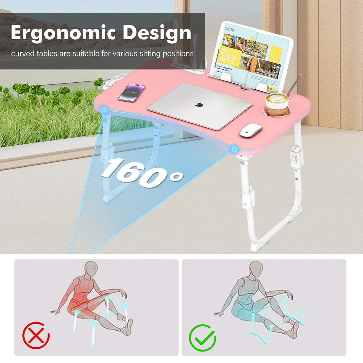 Lap Desk for Bed Adjustable Height, Foldable Bed Table with Storage Drawer, Tablet Slot & Cup Holder, Portable Laptop Stand for Bed & Sofa, Bed Desk for Adults & Kids, Pink