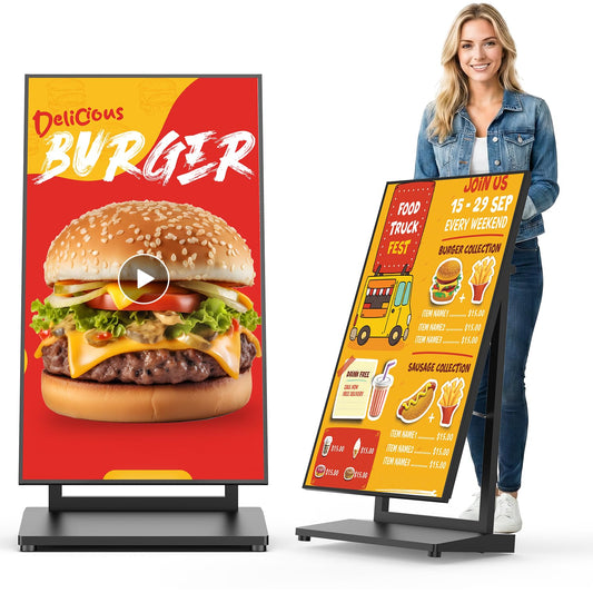 SIOXCFZ 43 Inch Mobile Digital Signage Display, 4+64G Android 14 Indoor Anti-Glare LCD Advertising Kiosk, Aluminum Foldable Digital Display Poster with Free CMS, 2.4G/5G WiFi, Bluetooth 5.3(Black)