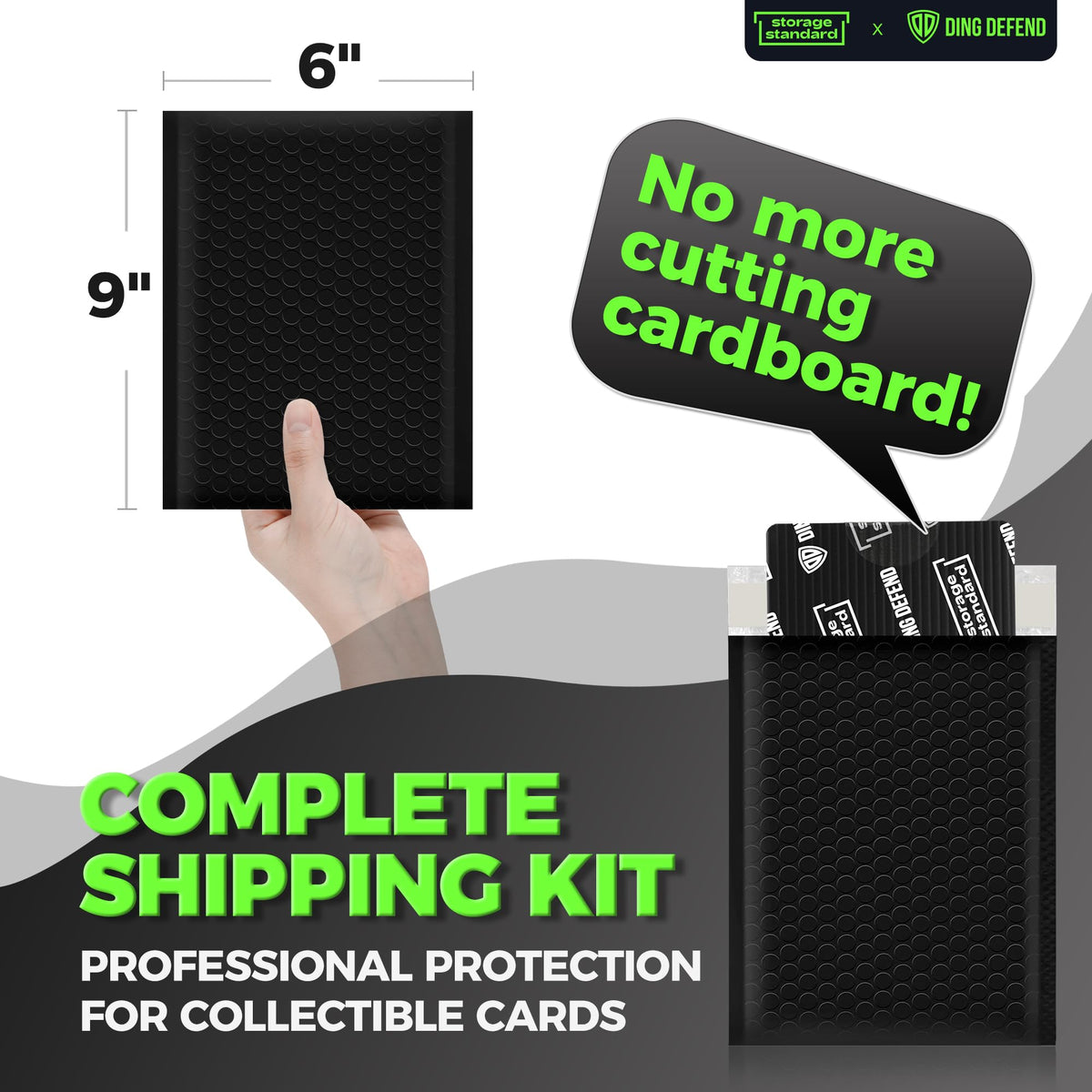 Ding Defend Trading Card Shipping Kit - Includes 110 4’’ x 6’’ Protectors, 55 Envelope Bubble Mailers, 240 Tape Seals for Slabs & Collectible Cards - Black