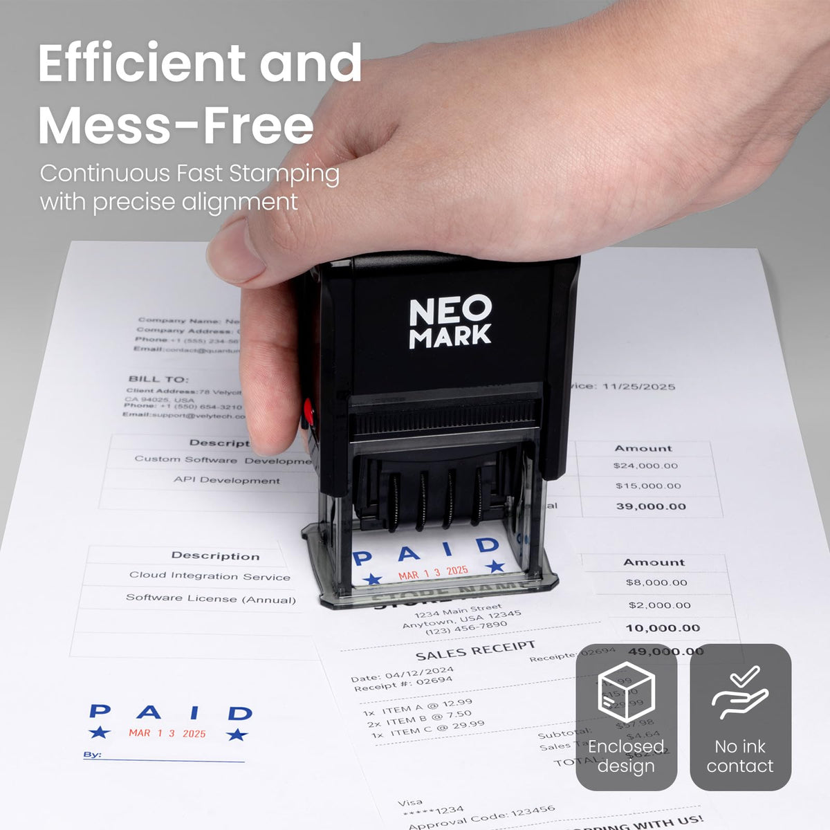 NEO MARK Large Self-Inking Date Office Stamp with Paid Blue Ink & Date Red Ink, 12-Year Adjustable Rubber Dater, Ideal for Documents, Business & Accounting - with an Extra Refill Ink Pad