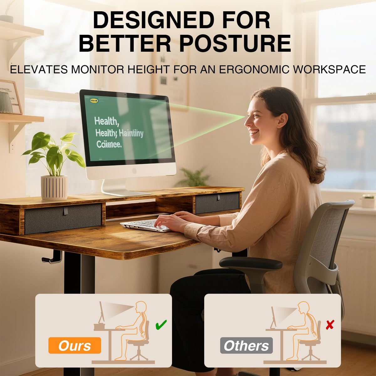 Veken 47.2"×27.6" Standing Desk with Storage Drawers, Adjustable Height Computer Table with Monitor Shelf, Home Office Desk for Study, Gaming, Workstation, Brown