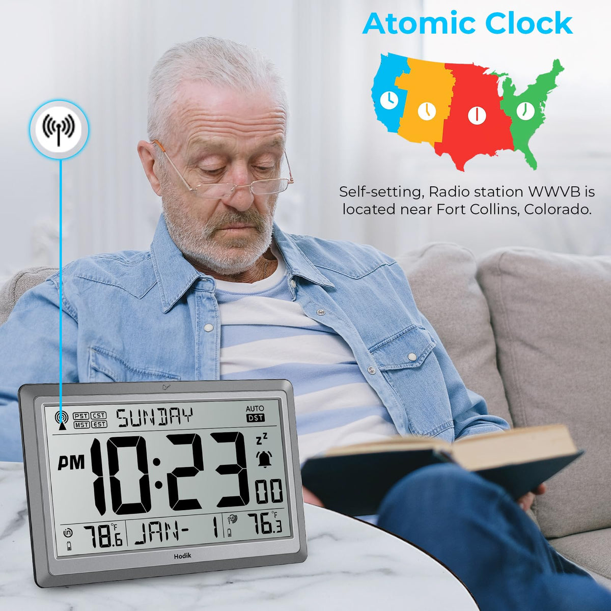 HODIK Wall Clock Atomic with Indoor Outdoor Temperature Battery Powered, Easy Reading with 10.5 Inch LCD Display, 330FT Range Table Wall Clock with DST, 12/24 Hour for Living Room Kitchen (Silver)