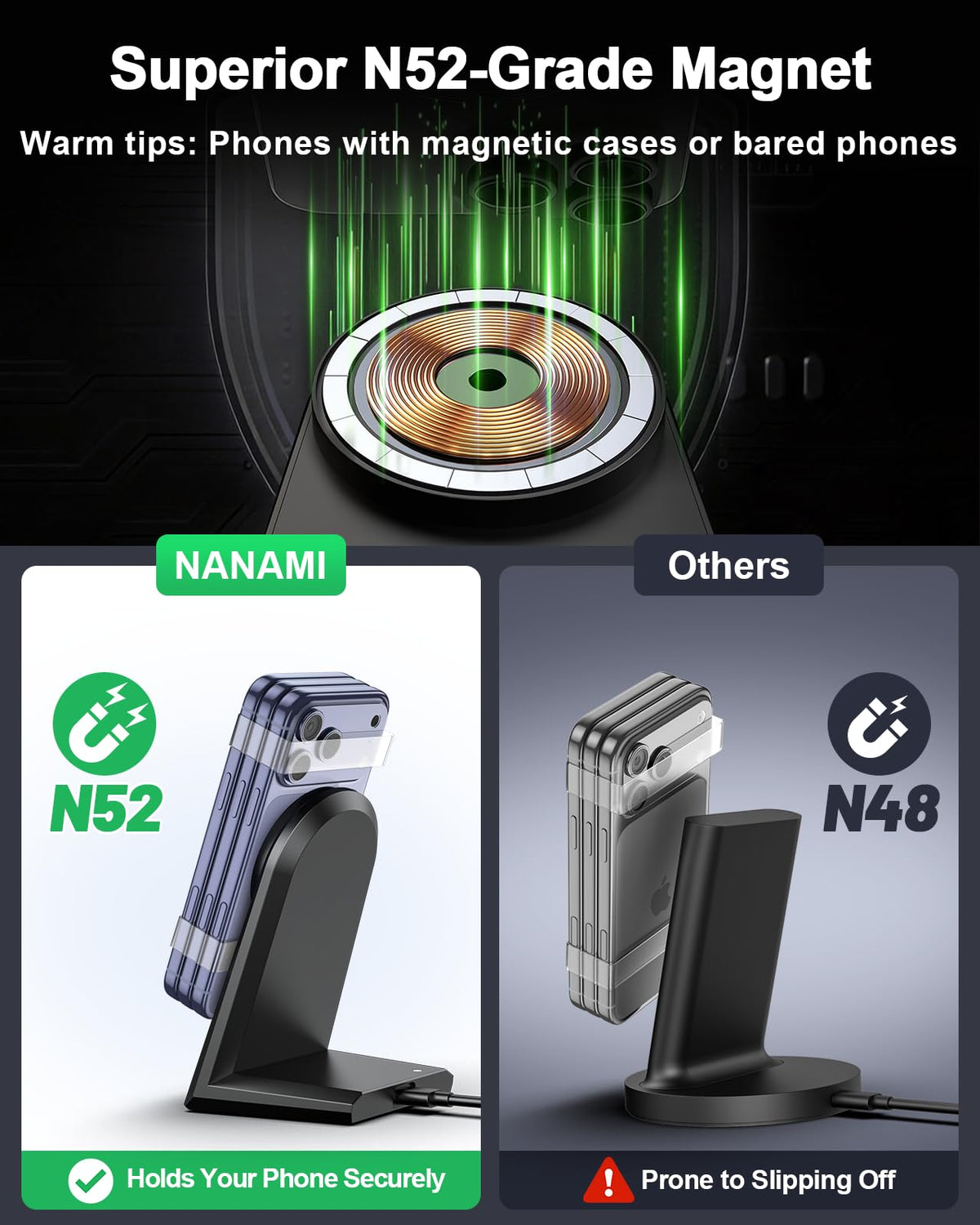 NANAMI 25W Magnetic Wireless Charger Stand, Fast Magnetic Phone Charger, N52 Alignment, 360° Adjustable, Auto-Dim LED, Cooling & Safety Protection for iPhone 17/16/15/14/13/12 & Google Pixel 10 Series