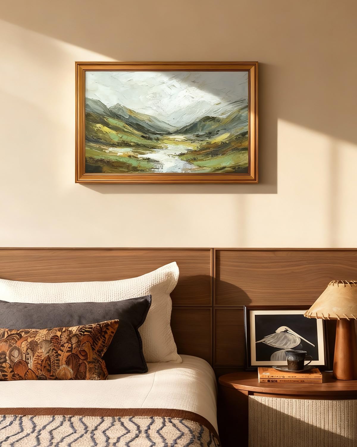 ARPEOTCY Gold Framed Large Canvas Prints Wall Art,3D Textured Landscape,16x24 Inch Green Mountain Artwork for Living Room,Classic Nature Oil Painting Print,Rustic Country Style Home Decor