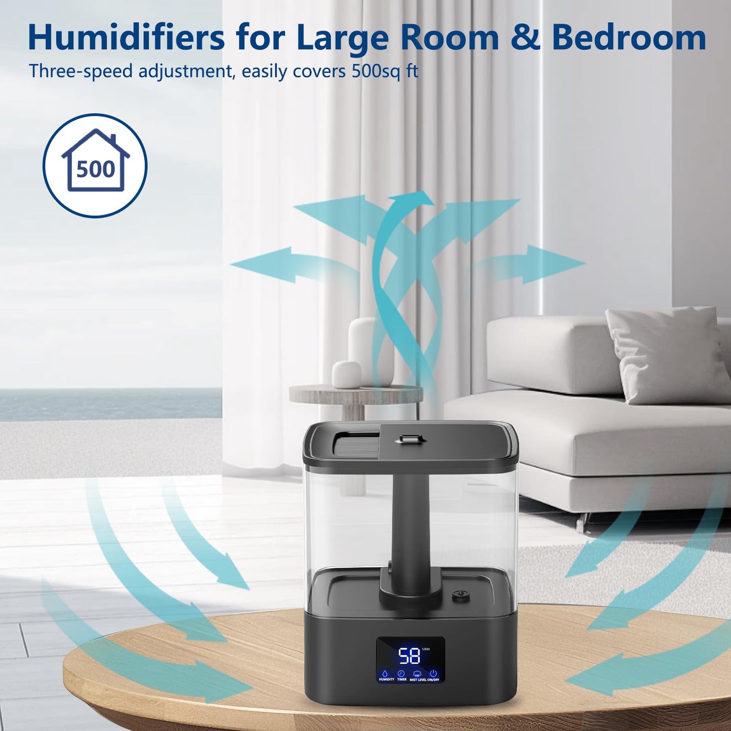 KZF 4L Top Fill Humidifiers for Bedroom & 60H Runtime - Cool Mist Humidifier, 3 Mist Levels, 8H Timer, Essential Oil Tray, Humidity Display, Quiet for Bedroom, Baby, Plants, Large Room (Black, 6L)