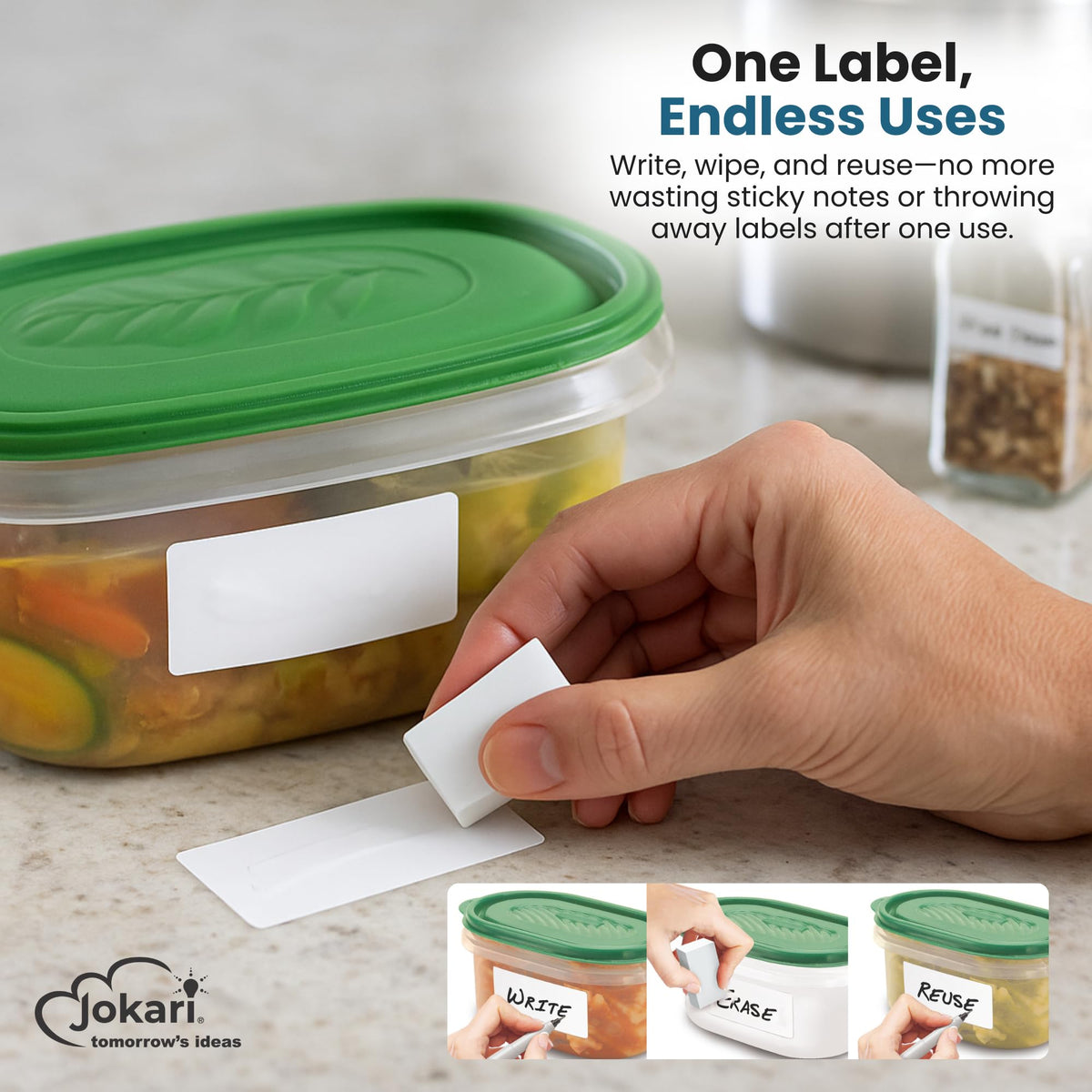 Jokari Label Once Erasable Food Labels with Marker and Eraser Reusable Removable Adhesive Labels for Kitchen Storage Freezer Dishwasher and Microwave Safe 70 Pack