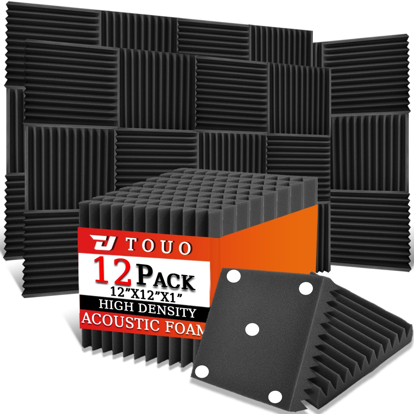 TOUO 12 Pack Acoustic Panels – Sound Proof Foam Panels for Wall 12"x12"x1", Flame Retardant Wedge Acoustic Foam, High-Density Sound Absorbing Panels for Home Studio(Black, 1" Thick 12 Pack)
