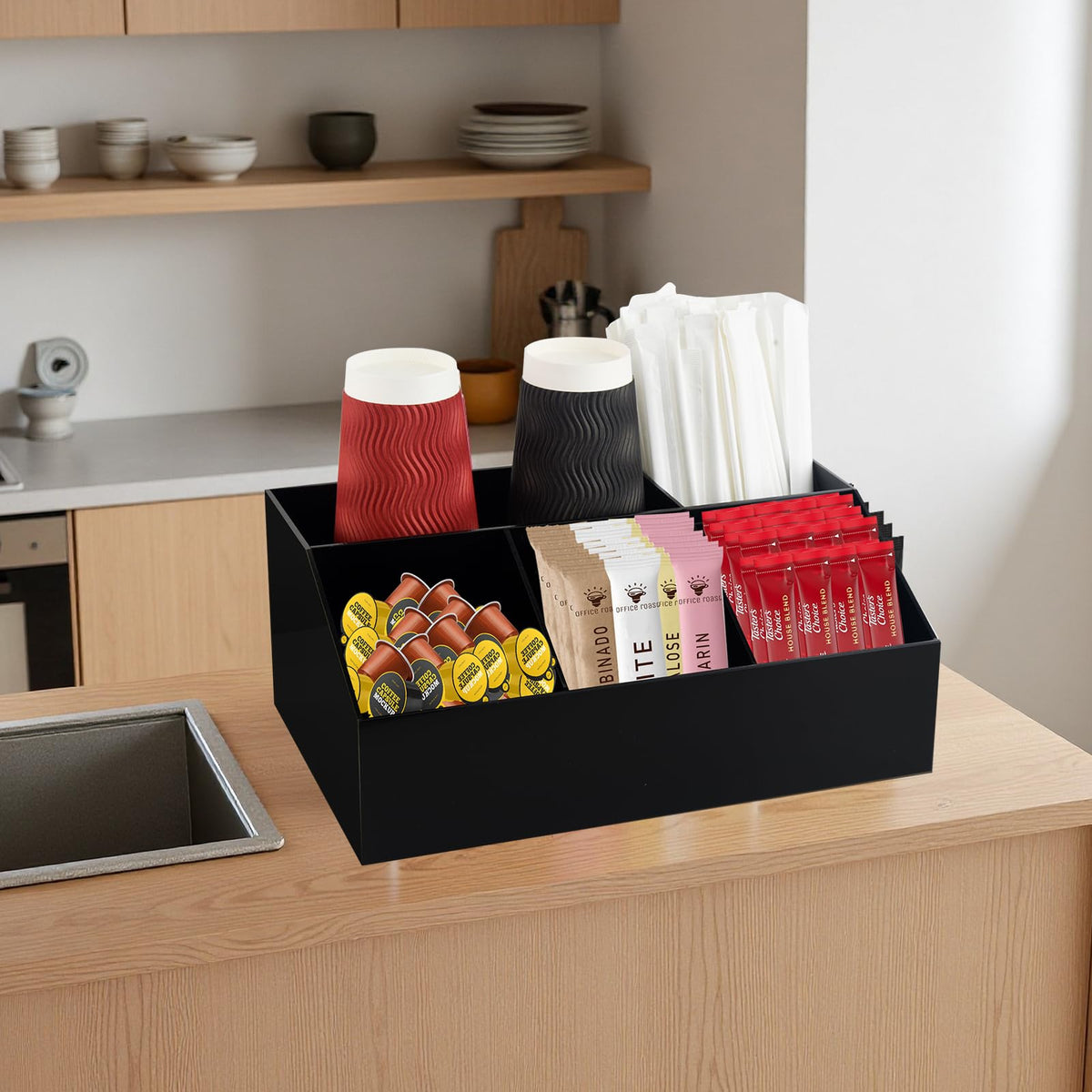 Watpot Coffee Bar Station Organizer for Countertop, Acrylic Coffee Pods Sugar Packets Tea Bags Storage Basket for Countertop, Black