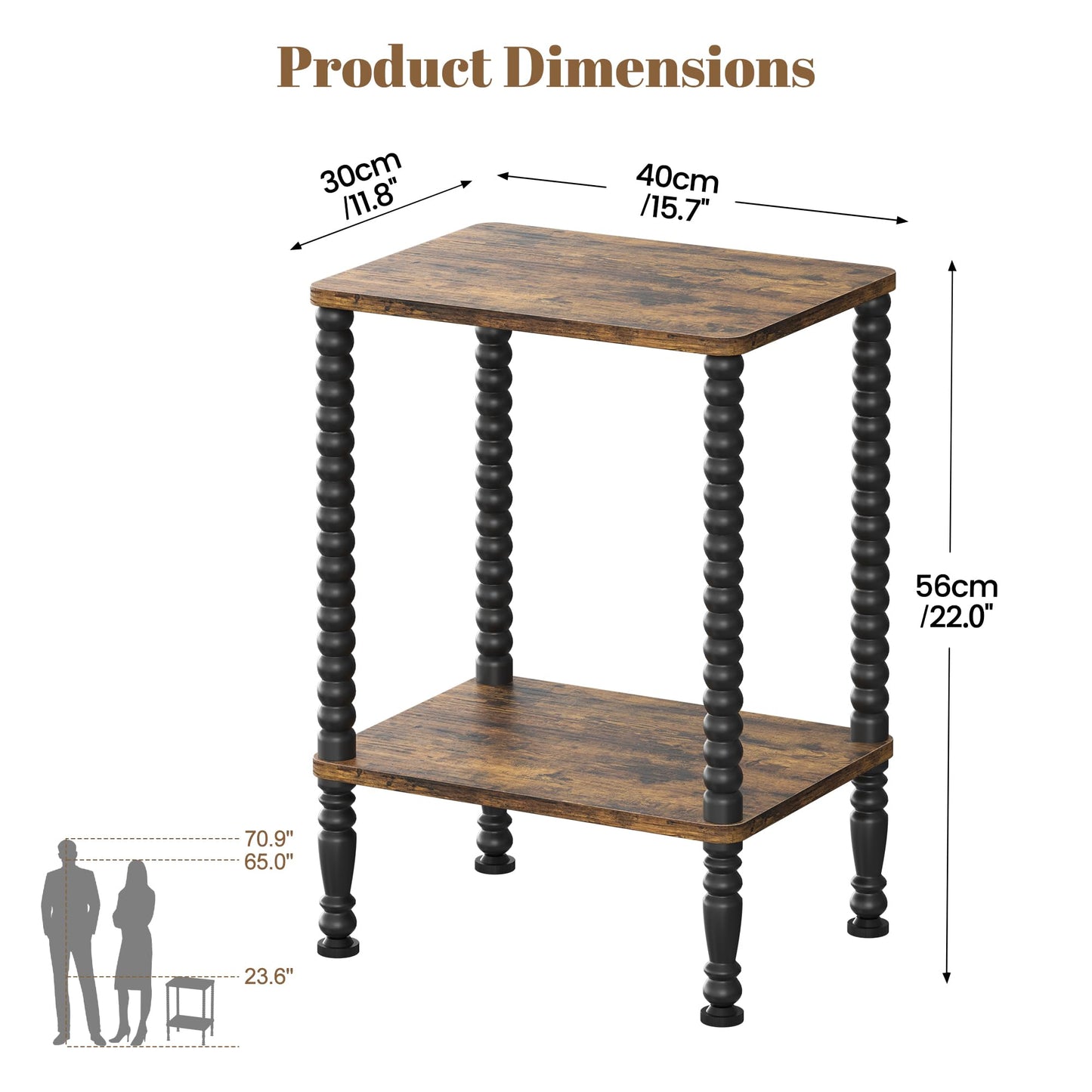 Homedawn Side Table, Small End Table, 2-Tier Nightstand with Storage Shelves, Coffee Table for Small Spaces, Curved Design, Sofa Table for Living Room, Bedroom, Rustic Brown and Black